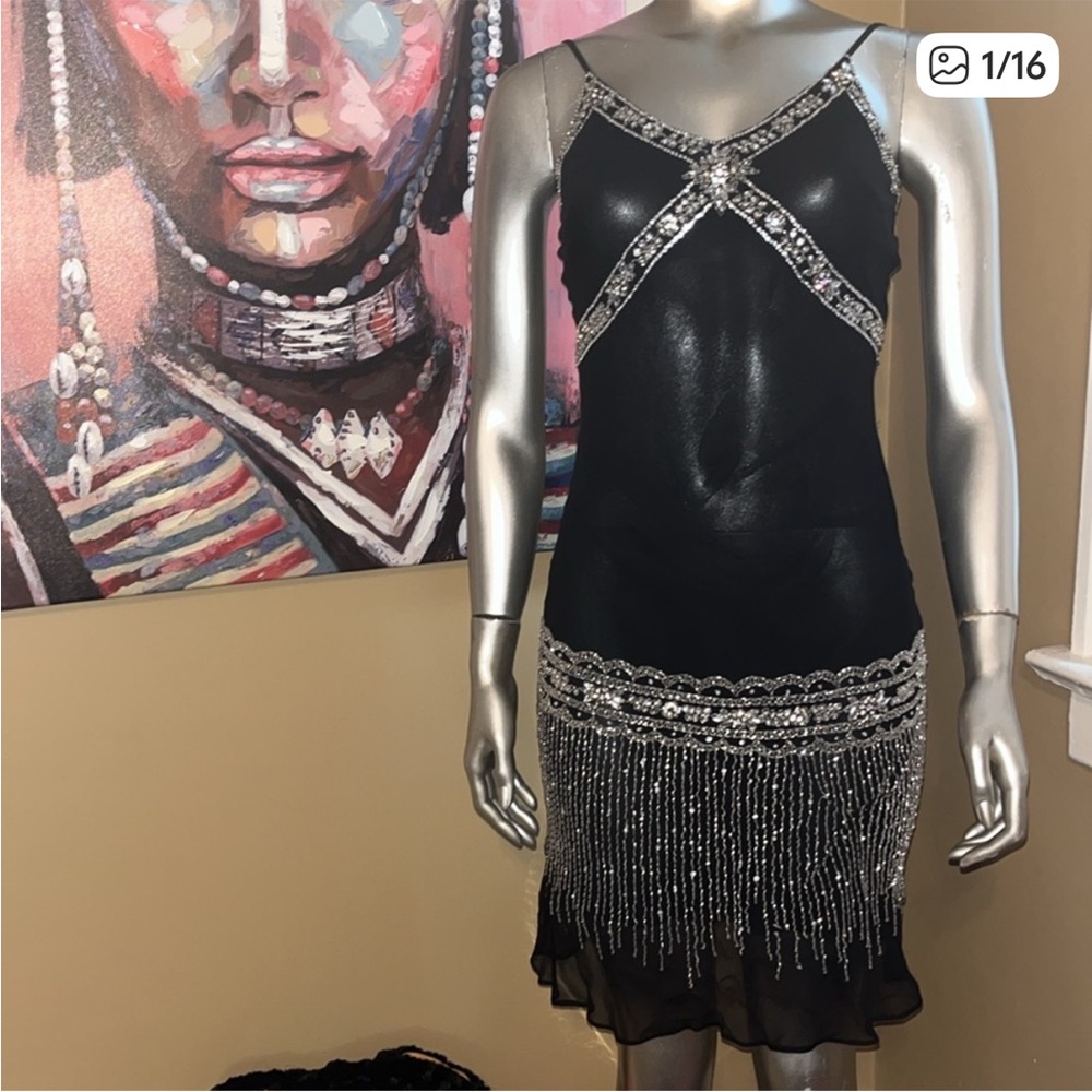Basix II vintage silver beaded jewel dress flapper 100% silk vtg black 1920s